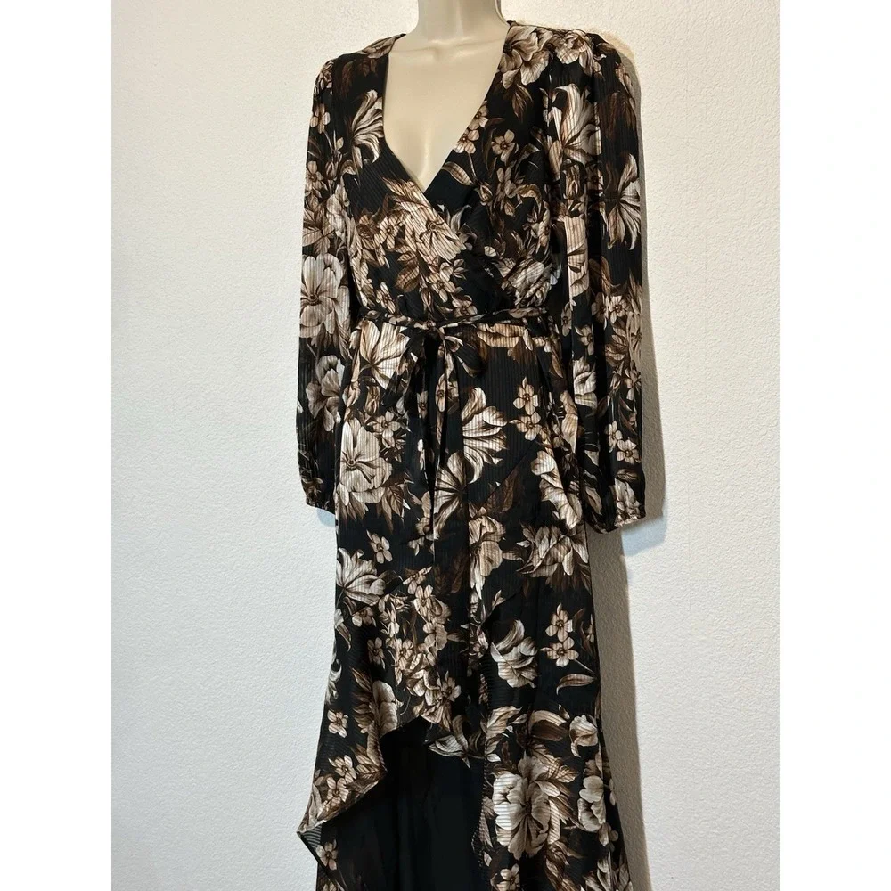 Express Dark Floral High Low Faux Wrap Dress Ruffle Size XL 16/18 Whimsigoth - Picture 2 of 11